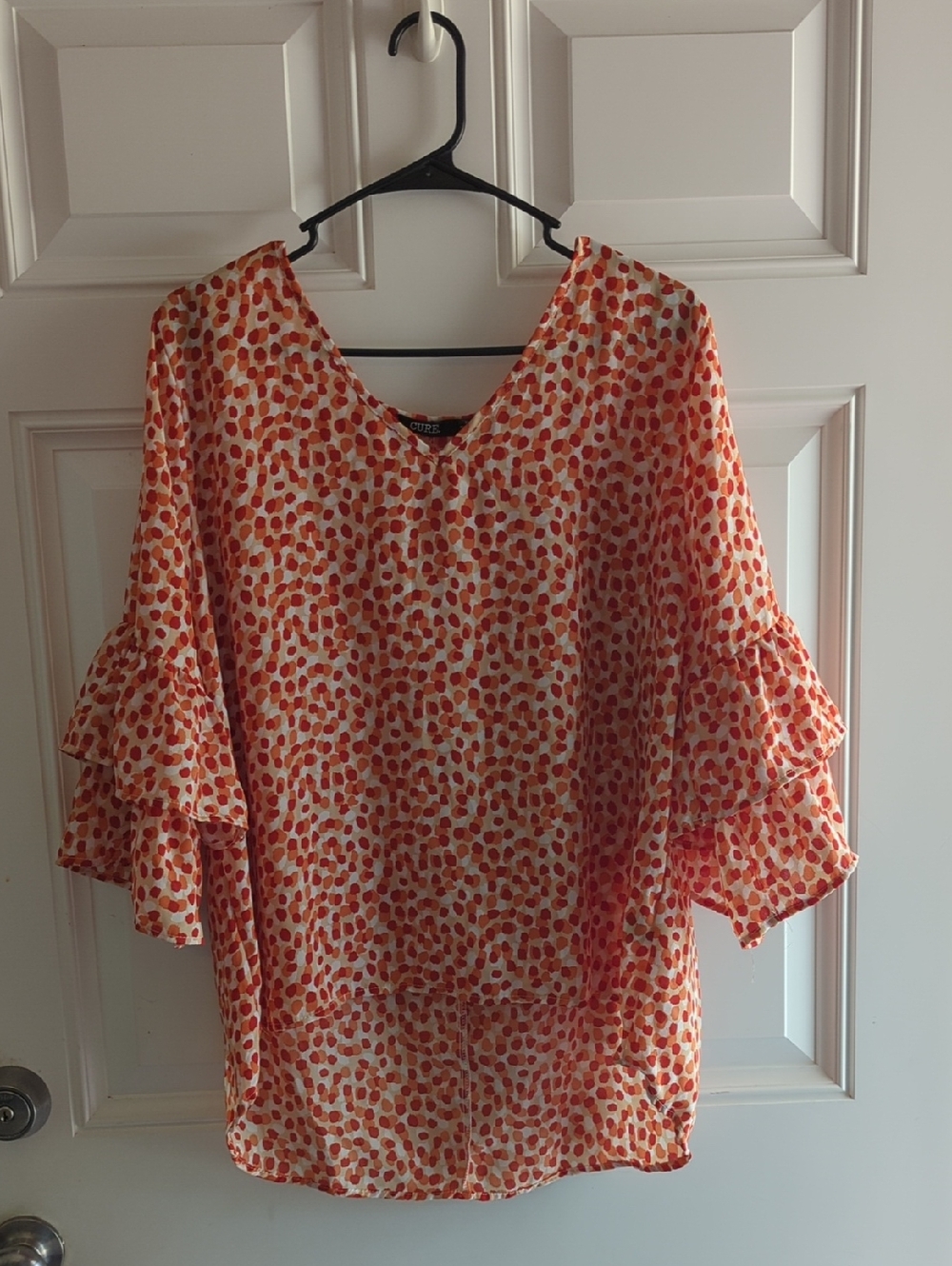 Tiered Ruffle Sleeve Blouse in Orange Dot Print